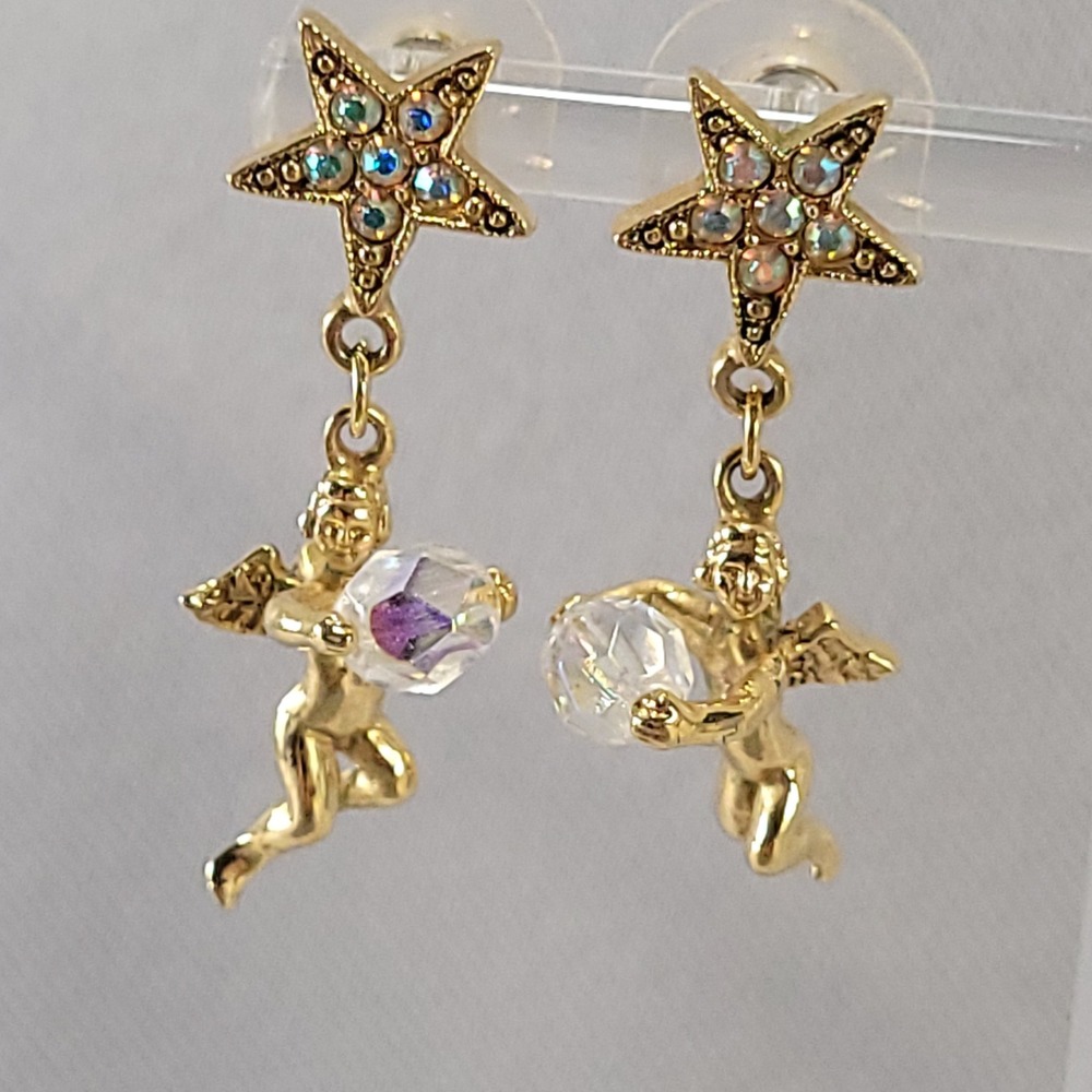 Kirks Folly Cherub Star Earrings Women Gold Tone Crystal Angel Drop Whimsical